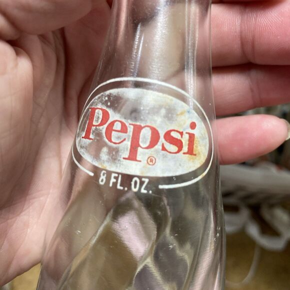 Vintage 8 oz Clear Swirl Glass Pepsi/Pepsi-Cola Crown Top Bottle 8 3/4 in Tall - Picture 3 of 14